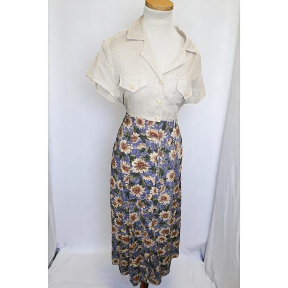 Vintage Frederick’s of Hollywood Linen Look Sunflower Floral Button Front Dress - Picture 1 of 14